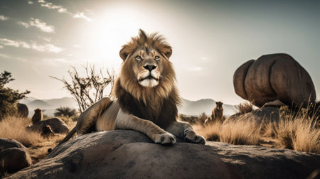 A lion sitting on top of a large rock. AI generative image.の素材
