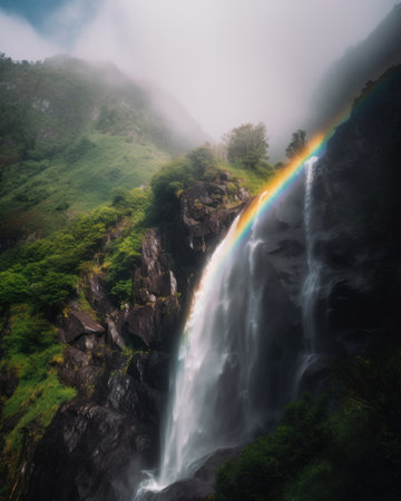 A waterfall with a rainbow in the middle of it. AI generative image.の素材