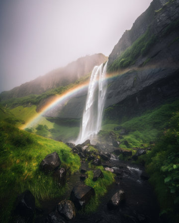 A waterfall with a rainbow in the background. AI generative image.の素材