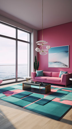 A living room with a pink couch and colorful rugs. AI generative image.の素材