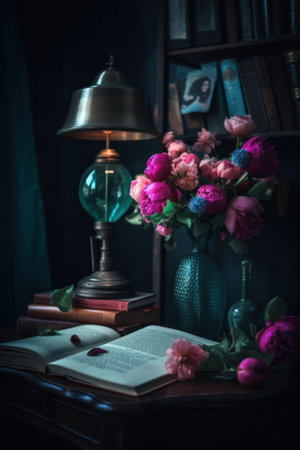 A table with a book and a vase of flowers. AI generative image.の素材