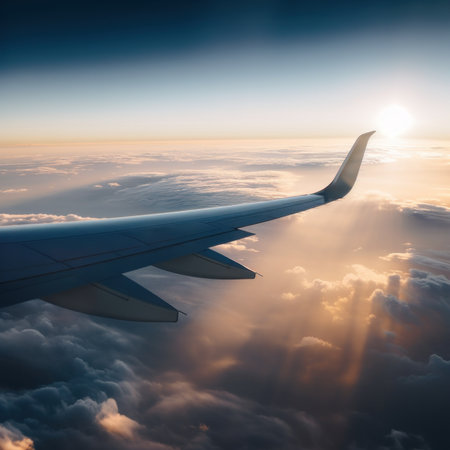 The wing of an airplane flying above the clouds. AI generative image.の素材