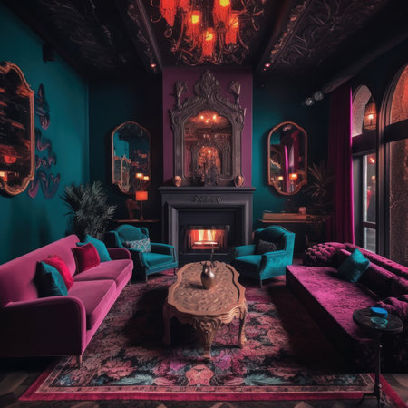A living room filled with furniture and a fire place. AI generative image.の素材