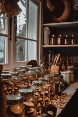 A shelf filled with jars of dried mushrooms next to a window. AI generative image.の素材