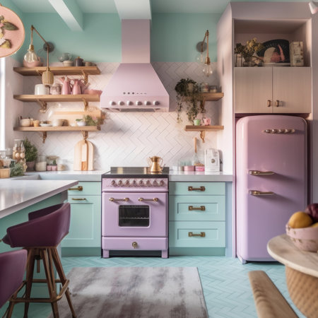 A kitchen with a pink and purple stove top oven. AI generative image.の素材