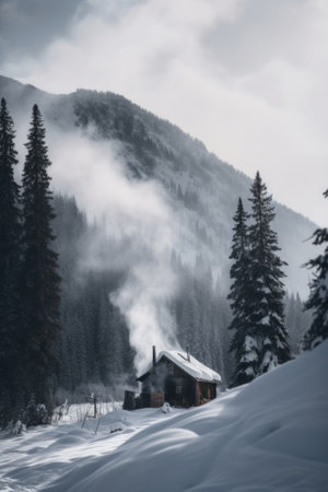 A cabin in the middle of a snow covered mountain. AI generative image.の素材