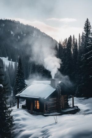 A cabin in the middle of a snowy forest. AI generative image.の素材