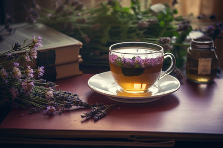A cup of floral or herbal tea on a saucer next to some flowers. AI generative image.の素材