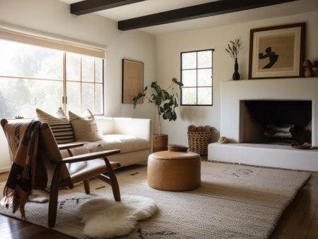 A living room filled with furniture and a fire place. AI generative image.の素材