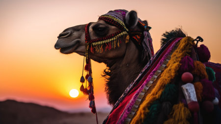 A camel wearing a colorful headdress at sunset. AI generative image.の素材