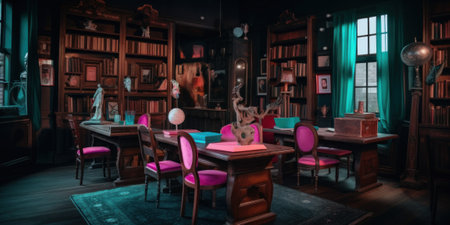 A room filled with lots of books and furniture. AI generative image.の素材