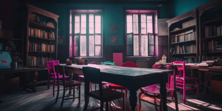 A room with a table, chairs, and bookshelves. AI generative image.の素材