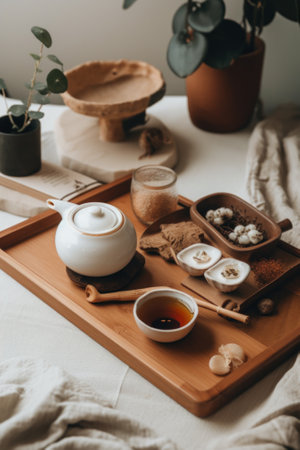A wooden tray with mushrooms, tea pot and a bowl of tea. AI generative image.の素材