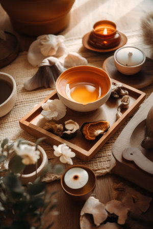 A wooden tray with mushrooms, tea pot and a bowl of tea. AI generative image.の素材