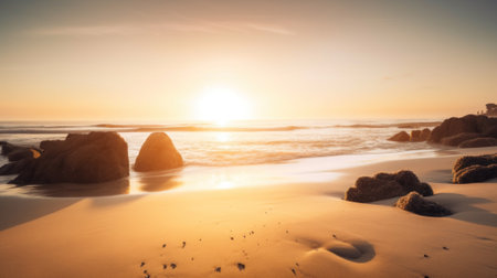 The sun is setting over the water on the beach. AI generative image.の素材
