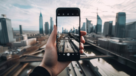 A person taking a picture of a city with a cell phone. AI generative image.の素材