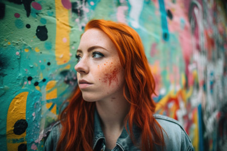 A woman with red hair standing in front of a graffiti wall. AI generative image.の素材
