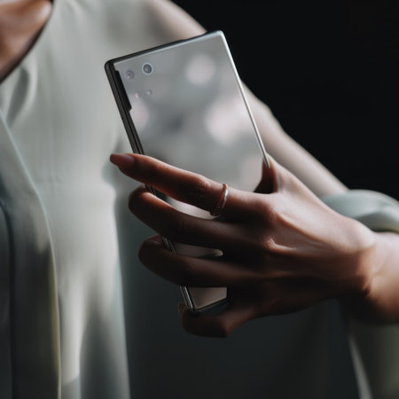 A woman holding a cell phone in her hand. AI generative image.の素材