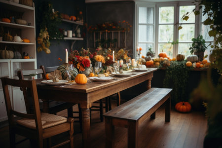 A dining room table with a bunch of pumpkins on it. AI generative image.の素材