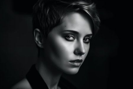 A black and white photo of a woman with short hair. AI generative image.の素材
