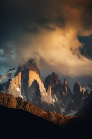 A group of mountains with a cloudy sky in the background. AI generative image.の素材