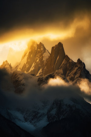 A mountain covered in snow under a cloudy sky. AI generative image.の素材