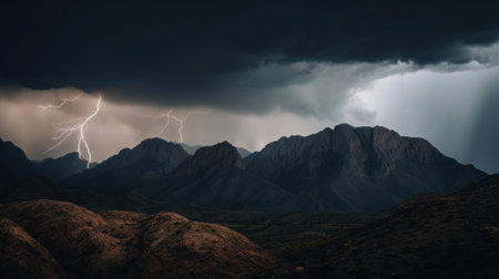 A lightning bolt hitting through the sky over a mountain range. AI generative image.の素材