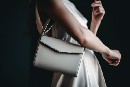 A woman in a white dress holding a white purse. AI generative image.の素材
