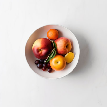 A white bowl filled with different types of fruit. AI generative image. Top view.の素材