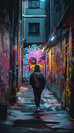 A person walking down a dark alley with graffiti on the walls. AI generative image.の素材