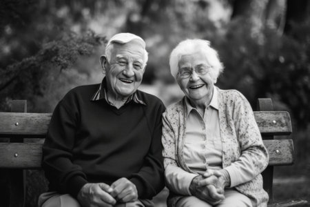 A black and white photo of two older people sitting on a bench. AI generative image.の素材