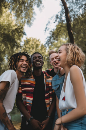 A group of young people laughing and laughing. AI generative image.の素材