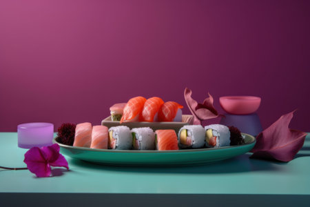A plate of sushi on a table next to a candle. AI generative image.の素材