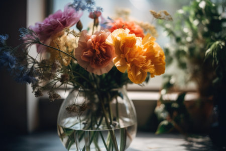 A vase filled with flowers sitting on top of a table. AI generative image.の素材