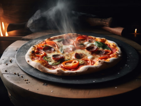 A pizza with pepperoni, tomatoes, and basil on it. AI generative image.の素材