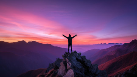 A person standing on top of a mountain at sunset. AI generative image.の素材