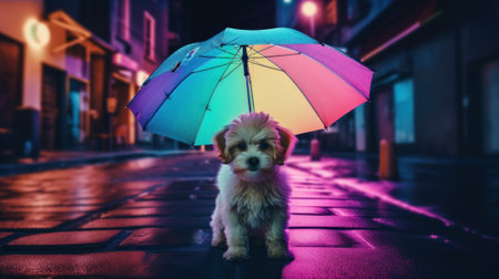 A small dog is sitting under an umbrella. AI generative image.の素材