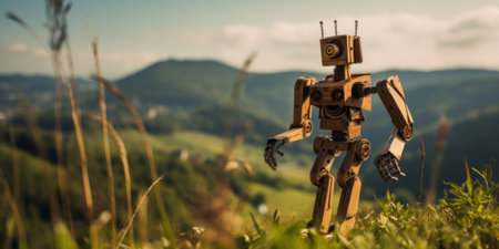 A wooden robot standing on top of a lush green hillside. AI generative image.の素材