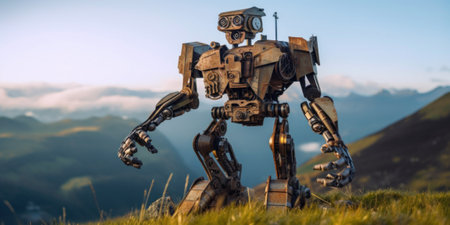 A robot standing on top of a lush green hillside. AI generative image.の素材