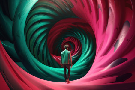 A man standing in front of a colorful swirl. AI generative image.の素材