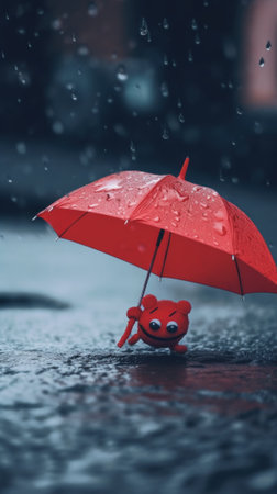 A tiny cute unknown creature holding an umbrella in the rain. AI generative image.の素材
