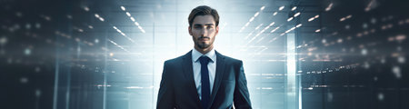 A man in a suit and tie standing in a hallway. AI generative imageの素材