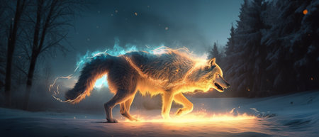 A wolf is walking through the snow in front of a forest. AI generative imageの素材