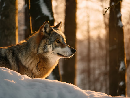 A wolf standing in the snow in front of trees. AI generative imageの素材