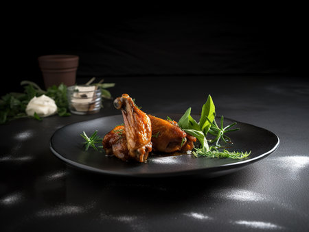 A plate of food on a black table. AI generative imageの素材