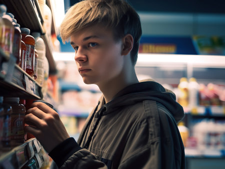 A boy is looking at a shelf of drinks. AI generative imageの素材