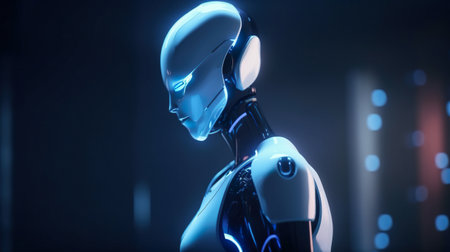 A robot is standing in a dark room. AI generative imageの素材