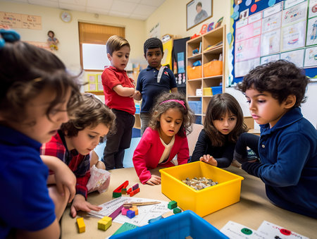 A group of children sitting around a table playing with blocks. AI generative imageの素材