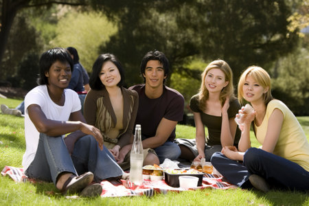 A group of people sitting on top of a grass covered field. AI generative imageの素材