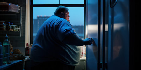 Eats overnight.A man is looking into a refrigerator in a kitchen. AI generative imageの素材